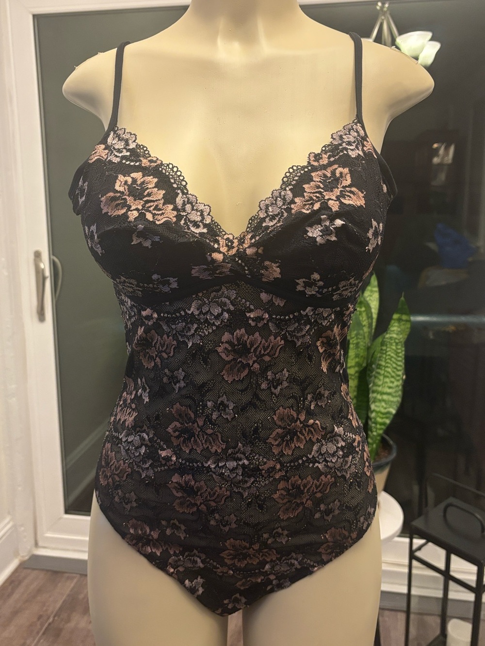 Cosabella Black Lace Chemise with Pink Floral Embroidery